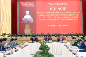 Các đồng chí lãnh đạo tỉnh Lâm Đồng chủ trì hội nghị. 