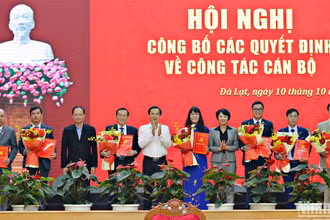 Thường trực Tỉnh ủy Lâm Đồng trao quyết định và tặng hoa 7 cán bộ được điều động, bổ nhiệm. 