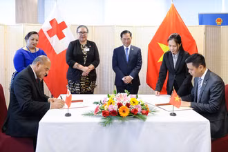 Bộ trưởng Ngoại giao Bùi Thanh Sơn gặp Bộ trưởng Ngoại giao Vương quốc Tonga Fekitamoeloa Utoikamanu chứng kiến lễ ký kết Thông cáo chung về việc thiết lập quan hệ ngoại giao Việt Nam-Tonga. (Ảnh: VGP)