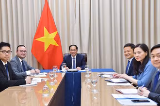 Bộ trưởng Ngoại giao Bùi Thanh Sơn và đoàn Bộ Ngoại giao hội đàm trực tuyến với Bộ trưởng Ngoại giao và Hợp tác Mozambique. (Nguồn: Báo Quốc tế)