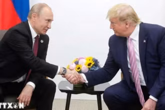Tổng thống Nga Vladimir Putin (trái) và người đồng cấp Mỹ Donald Trump trong cuộc gặp bên lề Hội nghị thượng đỉnh G20 tại Osaka, Nhật Bản ngày 28/6/2019. (Ảnh: AA/TTXVN)