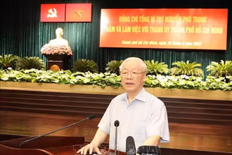 Tổng Bí thư Nguyễn Phú Trọng phát biểu kết luận tại buổi làm việc. (Ảnh: Trí Dũng/TTXVN)