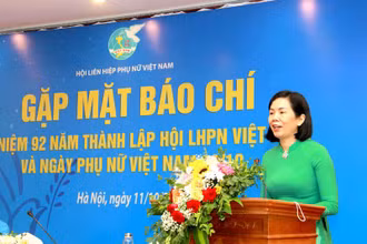 Phó Chủ tịch Hội Liên hiệp Phụ nữ Việt Nam Nguyễn Thị Minh Hương phát biểu chào mừng tại buổi gặp mặt.