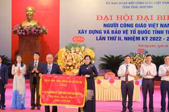Bí thư Tỉnh ủy Thái Nguyên Nguyễn Thanh Hải trao cờ lưu niệm tặng Ủy ban Đoàn kết Công giáo Việt Nam tỉnh.