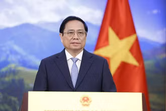 Thủ tướng Phạm Minh Chính phát biểu ghi hình tại Hội nghị cấp cao Sinh học thế giới năm 2022. (Ảnh: TRẦN HẢI)