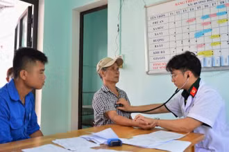 Các y, bác sĩ Bệnh viện Quân y 268 khám bệnh cho người dân.