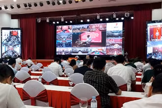 Quang cảnh điểm cầu hội nghị của tỉnh Nghệ An ở thành phố Vinh.