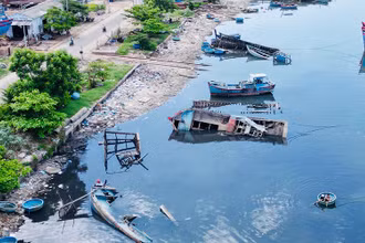 Nhiều xác tàu mục nát nằm dọc bờ cảng Sa Huỳnh, thị xã Đức Phổ gây khó khăn cho tàu thuyền neo trú.