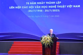 Tổng Bí thư Nguyễn Phú Trọng phát biểu tại Lễ kỷ niệm 75 năm Ngày thành lập Liên hiệp các Hội Văn học nghệ thuật Việt Nam.