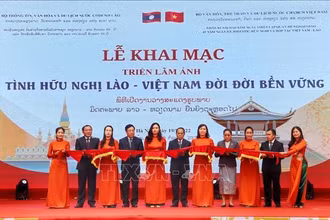 Các đại biểu cắt băng khai mạc triển lãm. (Ảnh: TTXVN)