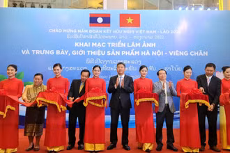 Các đại biểu cắt băng khai mạc triển lãm.