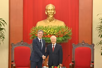 Tổng Bí thư Nguyễn Phú Trọng và Bộ trưởng Ngoại giao Hoa Kỳ Antony Blinken tại buổi tiếp. (Ảnh: DUY LINH)