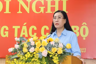 Đồng chí Bùi Thị Quỳnh Vân, Ủy viên Trung ương Đảng, Bí thư Tỉnh ủy, Chủ tịch Hội đồng nhân dân tỉnh Quảng Ngãi phát biểu tại hội nghị. 