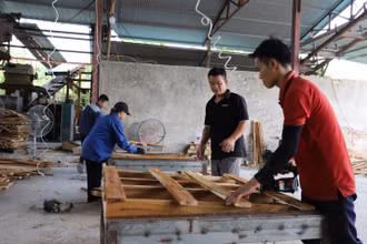 Anh Phùng Bình Minh (người đứng giữa) hướng dẫn công nhân sản xuất gỗ ván thanh xuất khẩu.