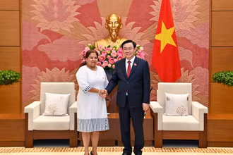 Chủ tịch Quốc hội Vương Đình Huệ và Tổng Thư ký Hội Liên hiệp Phụ nữ Cuba Teresa Amarelle Boué tại buổi tiếp. 