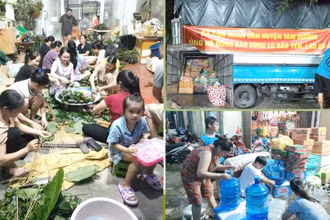 Người dân trên địa bàn huyện Tam Đường chuẩn bị nhu yếu phẩm gửi đến đồng bào vùng lũ của Lào Cai.