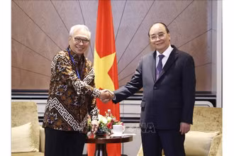 Chủ tịch nước Nguyễn Xuân Phúc tiếp Chủ tịch Hội Hữu nghị Indonesia - Việt Nam, Tổng Giám đốc Tập đoàn Ciputra Budiarsa Sastrawinata. (Ảnh: Thống Nhất/TTXVN)