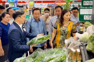 Đại diện siêu thị Winmart Smart City thông tin về quy chuẩn hàng nông sản vào siêu thị tới Đoàn đại biểu cấp cao thủ đô Vientiane.