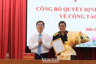 Đồng chí Nguyễn Đình Trung, Ủy viên Trung ương Đảng, Bí thư Tỉnh ủy Đắk Lắk trao quyết định chuẩn y tham gia Ban Thường vụ Tỉnh ủy Đắk Lắk nhiệm kỳ 2020-2025 của Ban Bí thư và tặng hoa chúc mừng đồng chí đại tá Niê Ta.