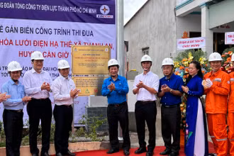 Các đại biểu làm lễ gắn biển công trình “Ngầm hóa lưới điện tại xã đảo Thạnh An.