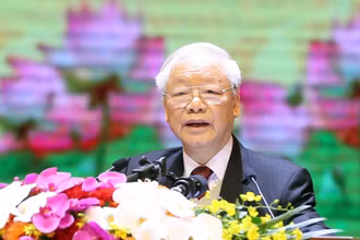 Tổng Bí thư Nguyễn Phú Trọng phát biểu tại lễ kỷ niệm. (Ảnh: VIẾT CHUNG - ĐĂNG ANH)