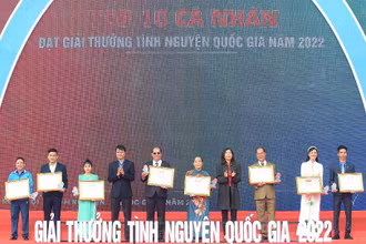Đồng chí Bùi Quang Huy, Ủy viên dự khuyết Trung ương Đảng, Bí thư thứ nhất Trung ương Đoàn (thứ 5 từ trái sang) trao Giải thưởng Tình nguyện quốc gia năm 2022 tặng 10 cá nhân tiêu biểu. 