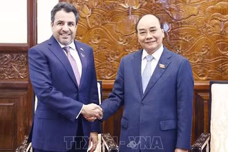 Chủ tịch nước Nguyễn Xuân Phúc tiếp Đại sứ Các Tiểu Vương quốc Arab Thống nhất Obaid Saeed Al Dhaheri. (Ảnh: TTXVN)