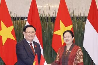 Chủ tịch Quốc hội Vương Đình Huệ và Chủ tịch Hạ viện Indonesia Puan Maharani. (Ảnh: TTXVN)