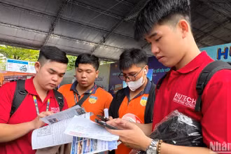 Các sinh viên tìm hiểu thông tin các doanh nghiệp tham gia tuyển dụng.