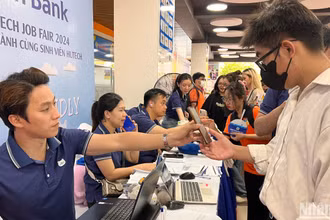 Các sinh viên tham gia phỏng vấn, tìm hiểu các doanh nghiệp tuyển dụng tại ngày hội.