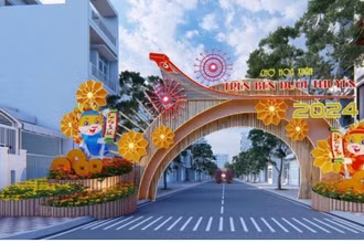 Cổng chào chính của chợ hoa "Trên bến dưới thuyền" tại bến Bình Đông (quận 8). (Ảnh: Ban tổ chức cung cấp)