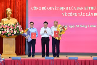Thường trực Ban Bí thư Lương Cường trao Quyết định và tặng hoa các đồng chí Tô Ân Xô, Trần Đăng Quỳnh. (Ảnh: ĐĂNG KHOA) 