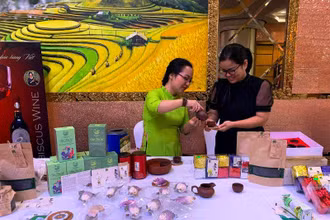 Một gian hàng trưng bày sản phẩm tại hội thảo và kết nối kinh doanh: "Xây dựng và bảo hộ nhãn hiệu nhằm phát triển thương hiệu nông sản Việt Nam”.