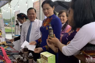 Các đại biểu tham quan gian hàng của phụ nữ tỉnh Hòa Bình.