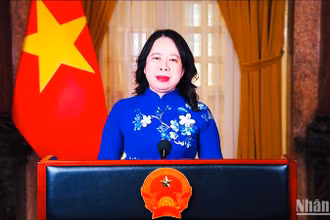 Phó Chủ tịch nước Võ Thị Ánh Xuân phát biểu ghi hình tại phiên họp toàn thể của Diễn đàn. (Ảnh chụp màn hình)