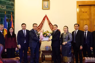 Đại sứ Đặng Minh Khôi chúc mừng Đại sứ Lào Siphandone Oybuabuddy nhân Ngày lễ quan trọng của Lào.