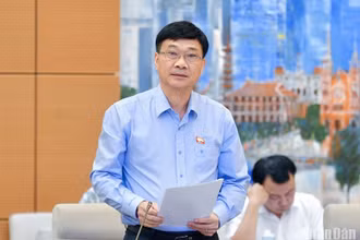 Chủ nhiệm Ủy ban Kinh tế của Quốc hội Vũ Hồng Thanh trình bày báo cáo giải trình, tiếp thu, chỉnh lý dự án Luật Kinh doanh bất động sản (sửa đổi). (Ảnh: DUY LINH)