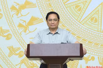 Thủ tướng Phạm Minh Chính phát biểu tại điểm cầu Trụ sở Chính phủ. 