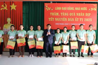 Bộ trưởng Kế hoạch và Đầu tư Nguyễn Chí Dũng tặng quà cho công nhân, người lao động có hoàn cảnh khó khăn trong Khu công nghiệp Thành Hải, tỉnh Ninh Thuận.