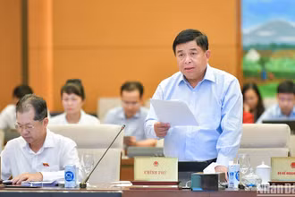Bộ trưởng Kế hoạch và Đầu tư Nguyễn Chí Dũng trình bày tờ trình về dự thảo Nghị quyết tại phiên họp chiều 14/5. (Ảnh: DUY LINH)