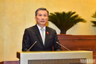 Chủ nhiệm Ủy ban Khoa học, Công nghệ và Môi trường Lê Quang Huy trình bày Báo cáo thẩm tra về quyết định chủ trương đầu tư Dự án. (Ảnh: THỦY NGUYÊN)