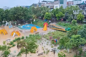 Nhiều nơi tại phường Chương Dương, quận Hoàn Kiếm đã bị ngập do nước sông Hồng lên cao. (ảnh: CTV)