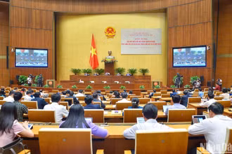 Quang cảnh phiên thảo luận về dự án Luật Đấu thầu (sửa đổi) chiều 5/4. (Ảnh: DUY LINH)