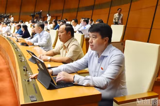 Các đại biểu Quốc hội biểu quyết thông qua Nghị quyết về dự toán ngân sách nhà nước năm 2024. (Ảnh: THỦY NGUYÊN)