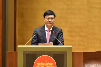Chủ nhiệm Ủy ban Kinh tế Vũ Hồng Thanh trình bày báo cáo thẩm tra đánh giá bổ sung kết quả thực hiện kế hoạch phát triển kinh tế-xã hội năm 2023, tình hình thực hiện những tháng đầu năm 2024. (Ảnh: LINH KHOA)