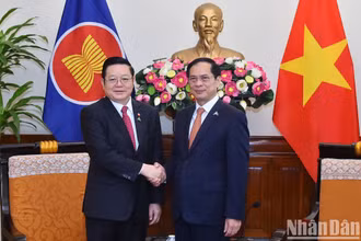 Bộ trưởng Ngoại giao Bùi Thanh Sơn tiếp Tổng Thư ký ASEAN Kao Kim Hourn. (Ảnh: THỦY NGUYÊN)