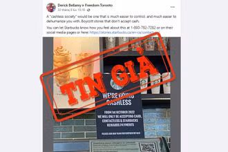 Một bài đăng trên Facebook đưa tin sai sự thật về chính sách thanh toán của chuỗi cửa hàng cà phê Starbucks. (Ảnh chụp màn hình)