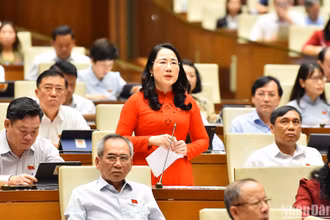 Đại biểu Nguyễn Thị Thủy (đoàn Bắc Kạn) phát biểu ý kiến tại hội trường sáng 28/5. (Ảnh: THỦY NGUYÊN)