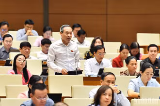 Đại biểu Phan Đức Hiếu (Đoàn Thái Bình) cho ý kiến về mở rộng phạm vi áp dụng của Luật Đấu thầu. (Ảnh: THỦY NGUYÊN)