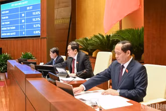 Chủ tịch Quốc hội Trần Thanh Mẫn và các Phó Chủ tịch Quốc hội bấm nút biểu quyết thông qua Luật. (Ảnh: DUY LINH)